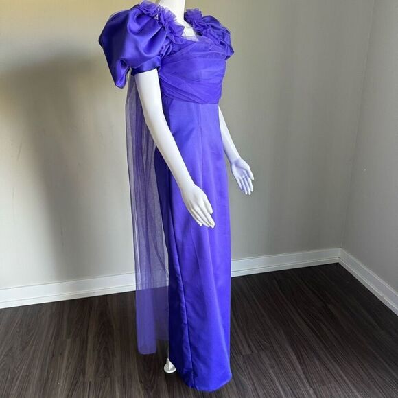 Vintage 90’s Satin Puff Sleeve Toile Purple Evening Gown With Back Slit - Picture 3 of 7